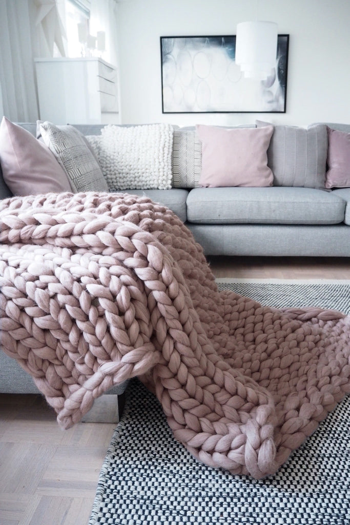 Merino Blanket Chunky Knit Blanket Soft Sofa Throw Wool Blanket Mauve 130x170
