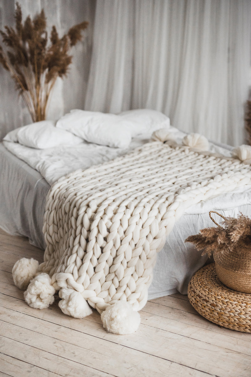 Pom Throw Blanket Pom Pom Knitted Blanket Super Soft Cream Pom Pom