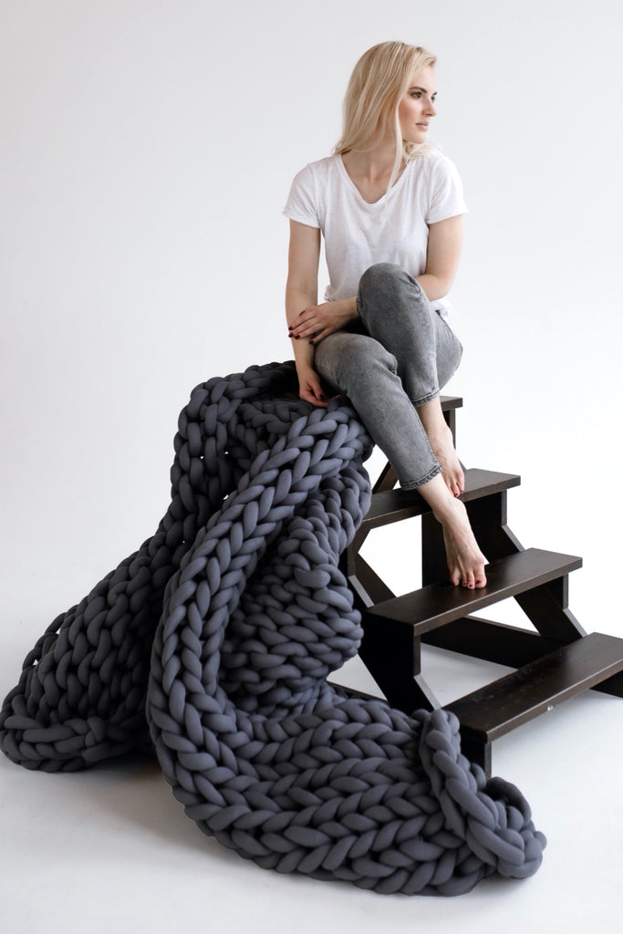 Arm Knitted Blanket Chunky Blanket Cotton Chunky Knit Blanket Tube Yarn Blanket Graphite Grey 295