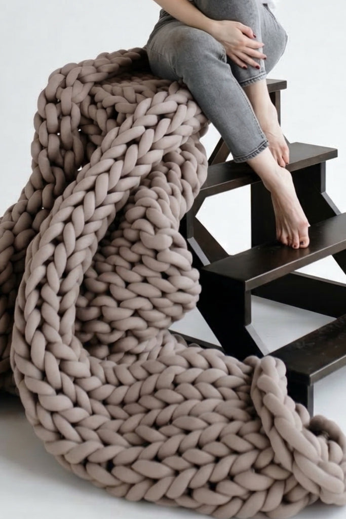 Cotton Chunky Knit Tube Yarn Blanket Linen Beige 119