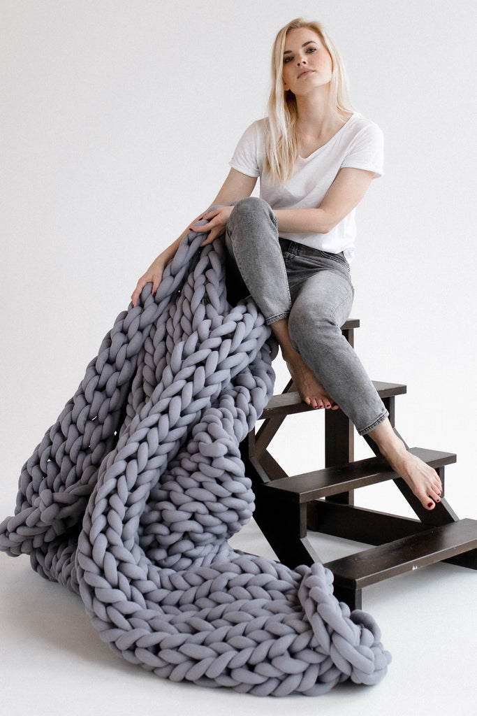 Arm Knitted Blanket Chunky Blanket Cotton Chunky Knit Blanket Tube Yarn Blanket Grey 297 Vertical