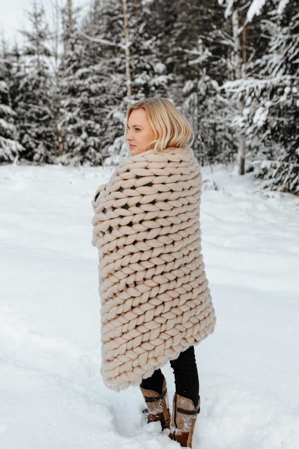 Arm Knitted Chunky Blanket Merino Blanket Winter 100x150 Beige 536