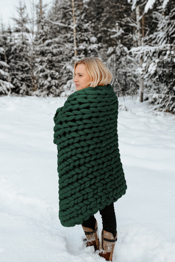 Arm Knitted Chunky Blanket Merino Blanket Winter 100x150 Forest Green 536