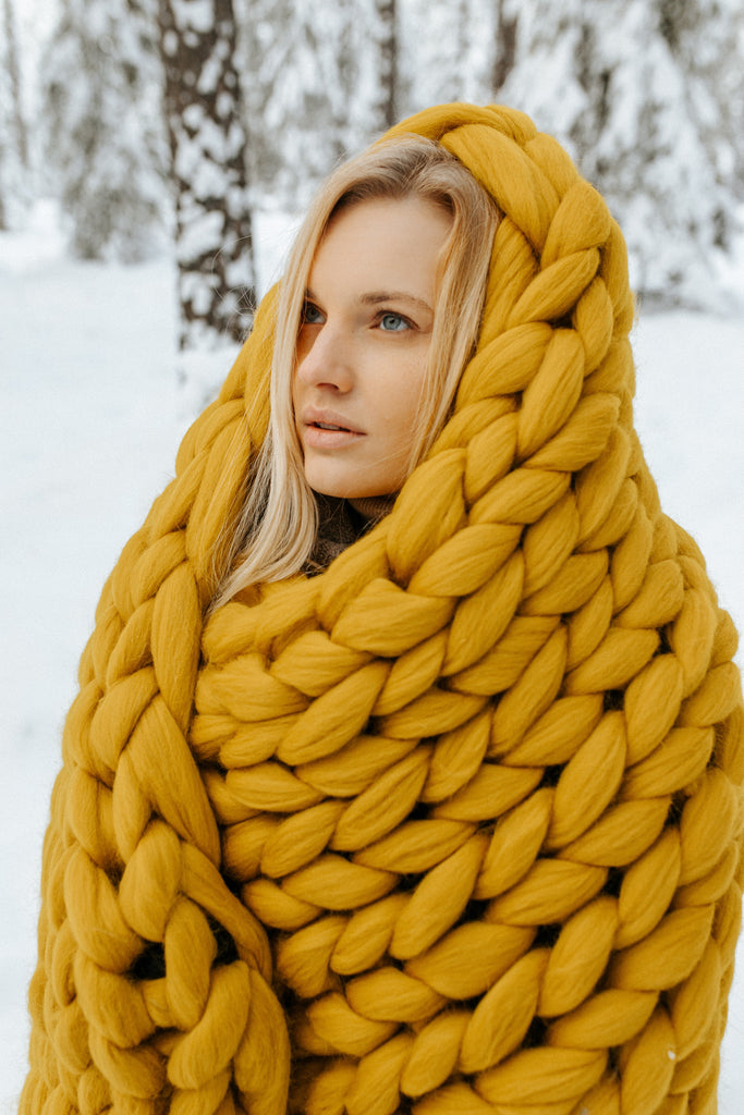 Arm Knitted Chunky Blanket Merino Blanket Winter 100x150 Mustard Yellow 716