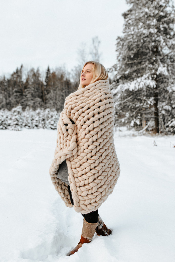 Chunky Knit Blanket Merino Blanket Winter 100x150 Beige 518