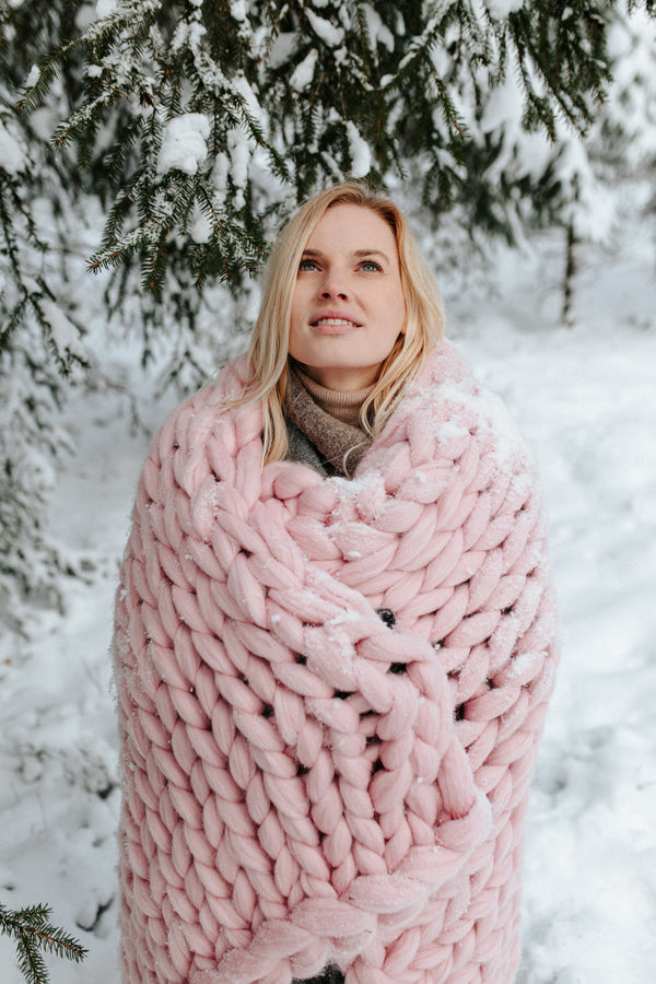 Chunky Knit Blanket Merino Blanket Winter 100x150 Dusty Pink 513