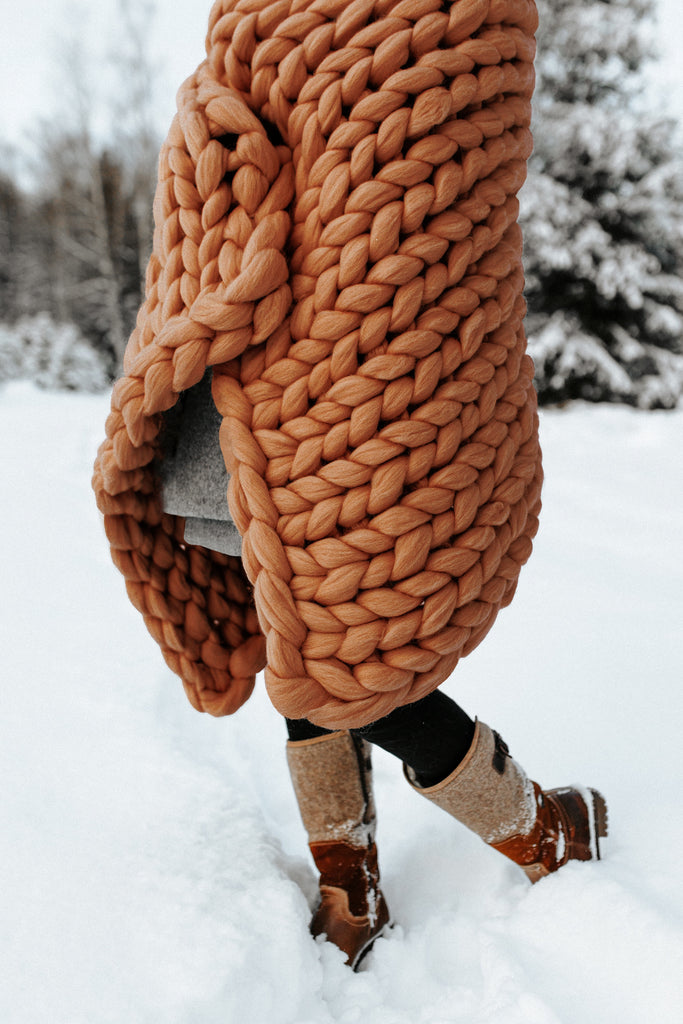 Chunky Knit Blanket Merino Blanket Winter 100x150 Ginger Orange 521