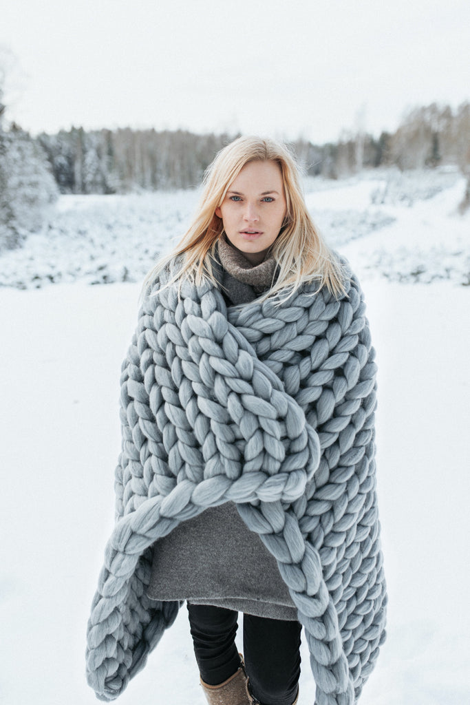 Chunky Knit Blanket Merino Blanket Winter 100x150 Grey 588