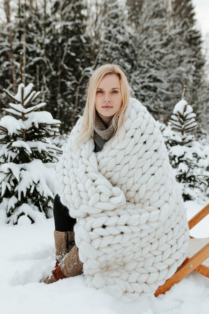 Chunky Knit Blanket Merino Blanket Winter 100x150 White 653