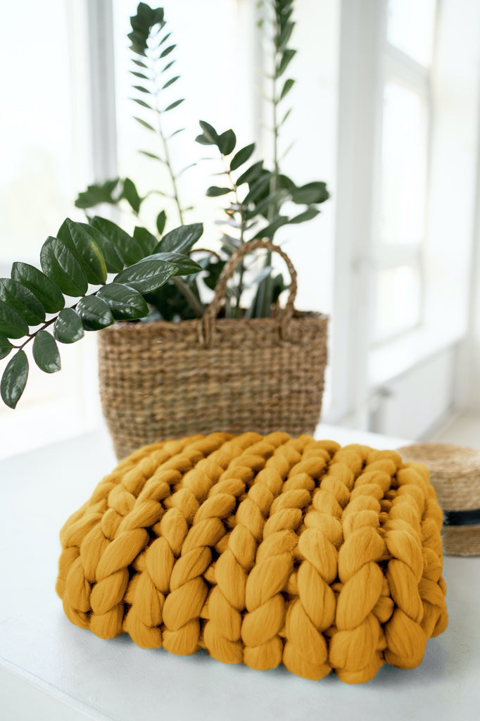 Chunky Knit Cushion Decorative Throw Pillow Stockinette Stitch Mustard Yellow