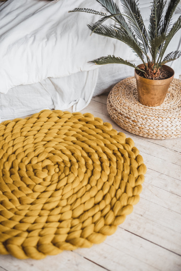Chunky Knit Rug Arm Knitted Round Rug Mustard Yellow