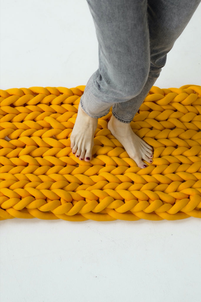 Chunky Knit Rug Braided Rug Knitted Rug Tube Yarn Rug Mustard Yellow 329 Vertical