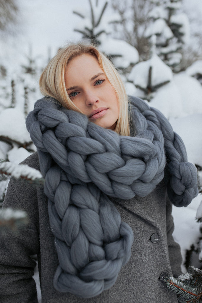Chunky Knit Scarf Wool Scarf Oversized Scarf Winter Graphite Grey 617