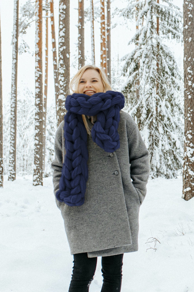 Chunky Knit Scarf Wool Scarf Oversized Scarf Winter Navy Blue 723