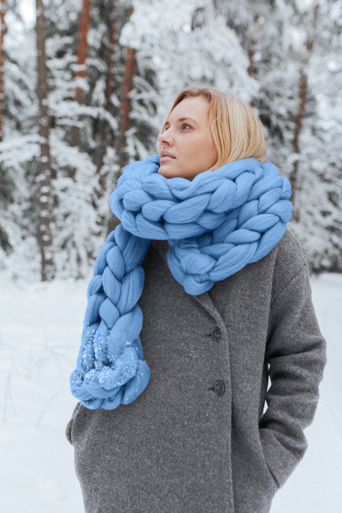 Chunky Knit Scarf Wool Scarf Oversized Scarf Winter Sky Blue 643