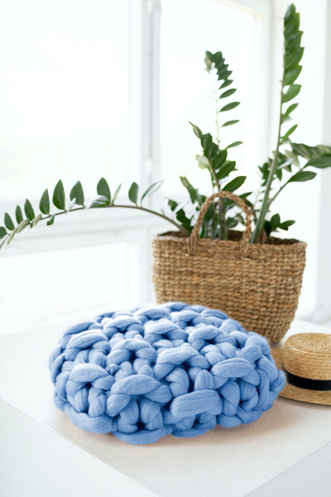 Chunky Knit Throw Pillow Knitted Cushion Throw Pillow Seed Stitch Sky Blue