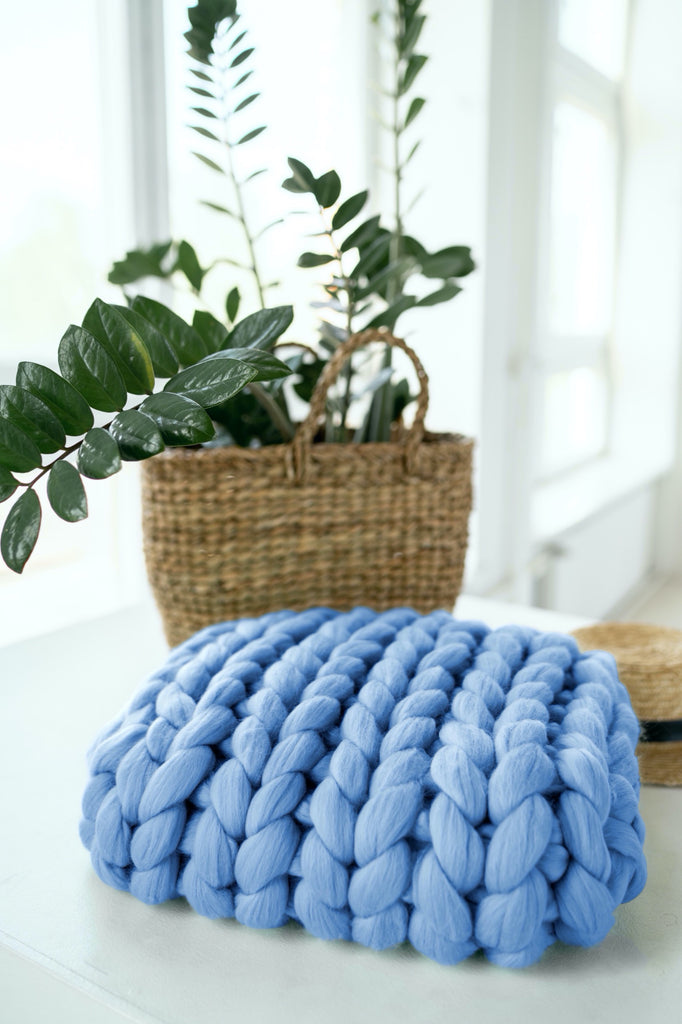 Chunky Knit Throw Pillow Knitted Cushion Throw Pillow Stockinette Stitch Sky Blue
