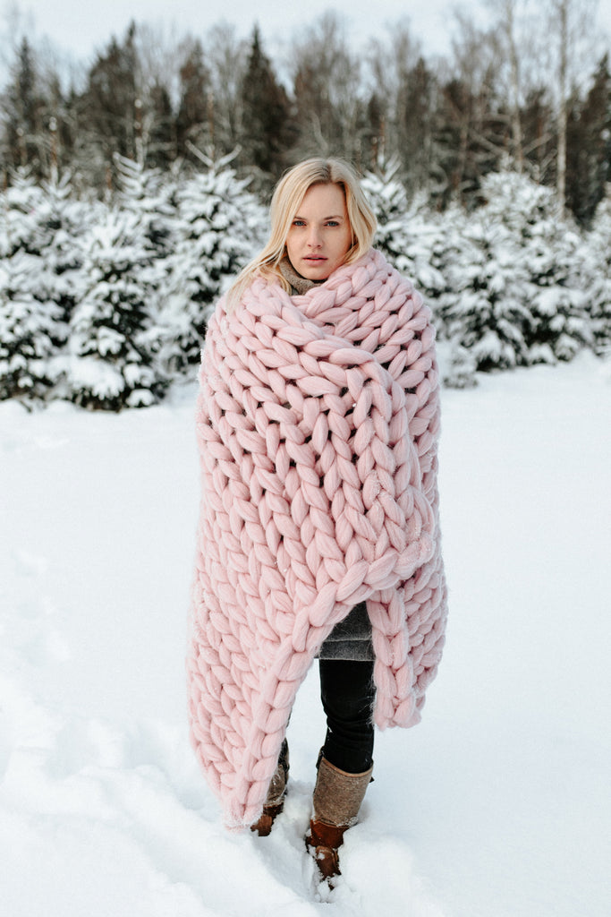 Chunky Knit Wool Blanket Merino Blanket Winter 100x150 Dusty Pink 477