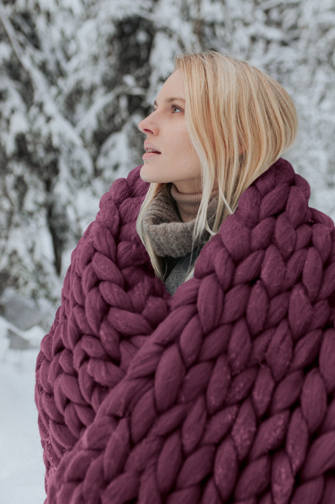 Chunky Knit Wool Blanket Merino Blanket Winter 100x150 Wine Red 636