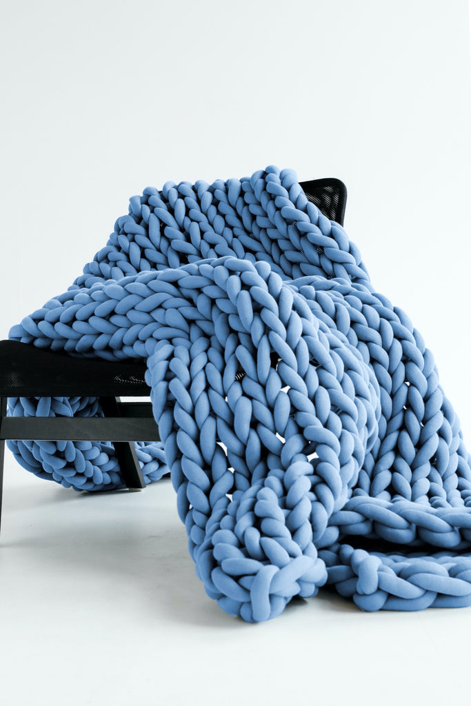 Cotton Chunky Knit Blanket Chunky Knit Blanket Braided Blanket Tube Yarn Blanket Sky Blue 231 Vertical