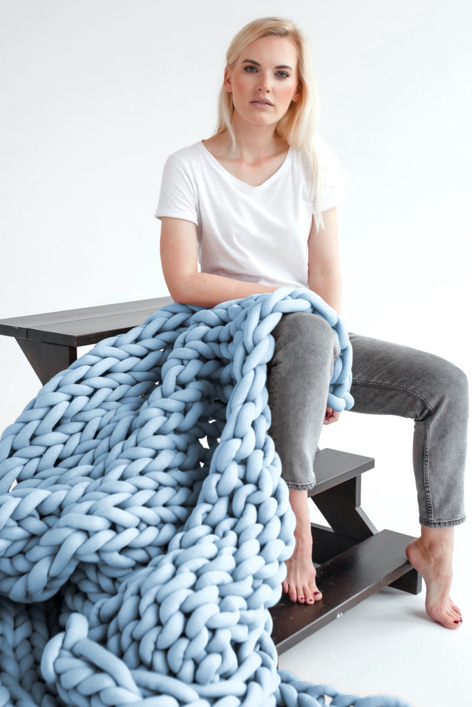 Cotton Chunky Knit Weighted Blanket Thick Blanket Tube Yarn Blanket Baby Blue 290