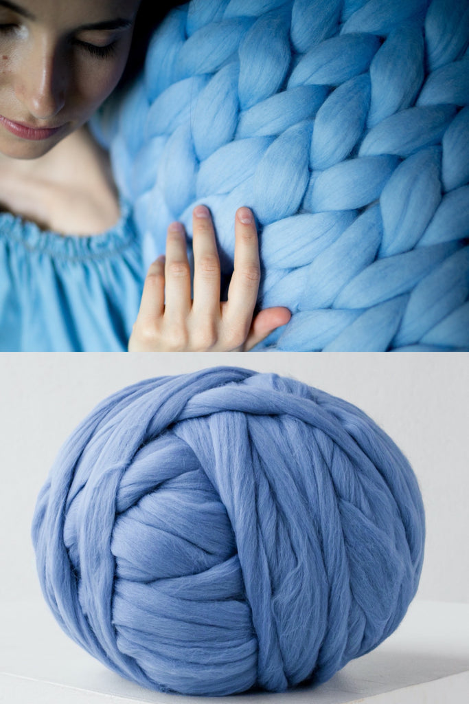 Diy Chunky Knit Blanket Lap Blanket Diy Kit Merino Yarn Sky Blue