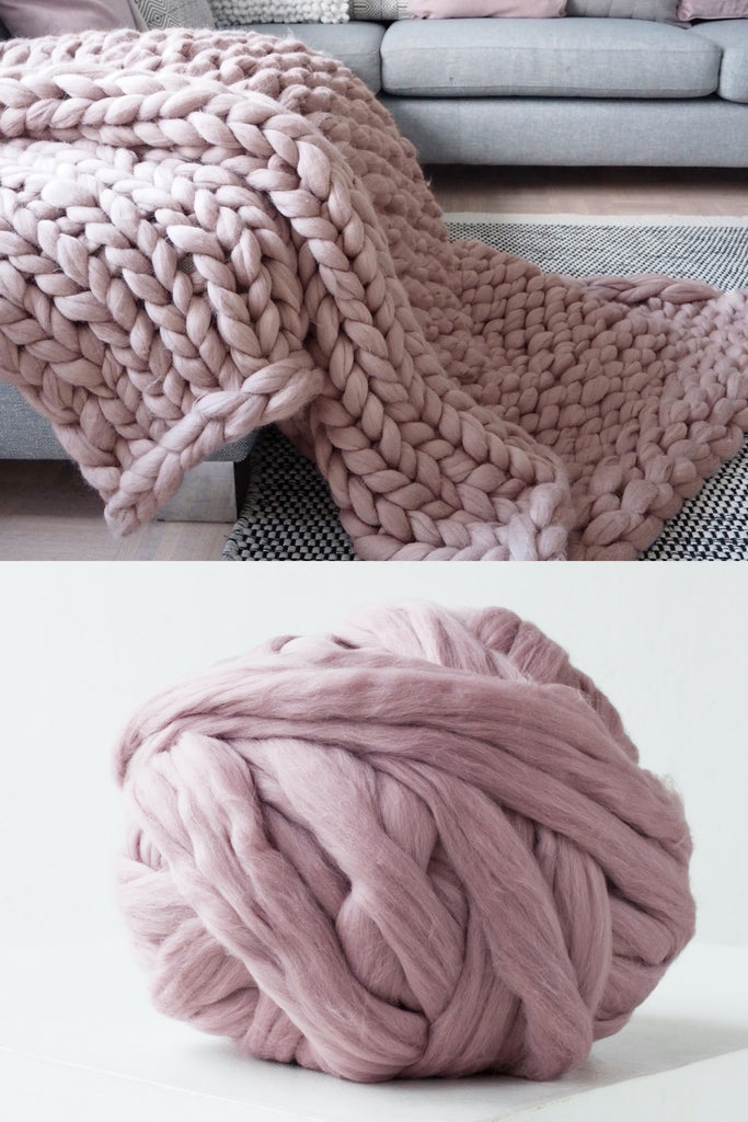 Diy Chunky Knit Blanket Large Throw Blanket Diy Kit Merino Yarn Mauve