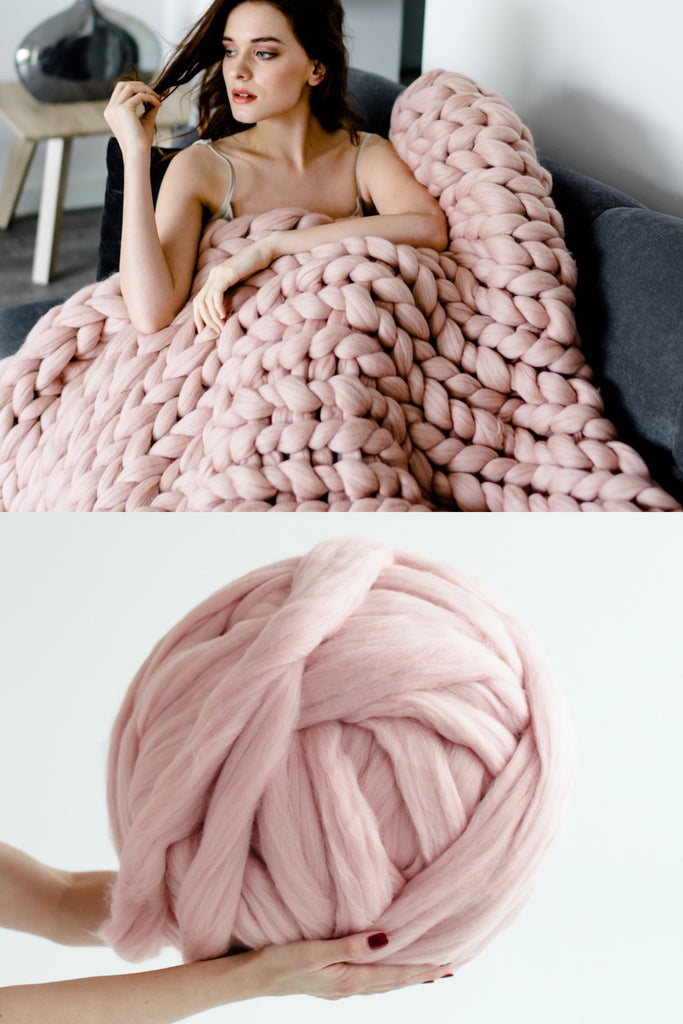 Diy Chunky Knit Blanket Queen Blanket Diy Kit Merino Yarn Dusty Pink