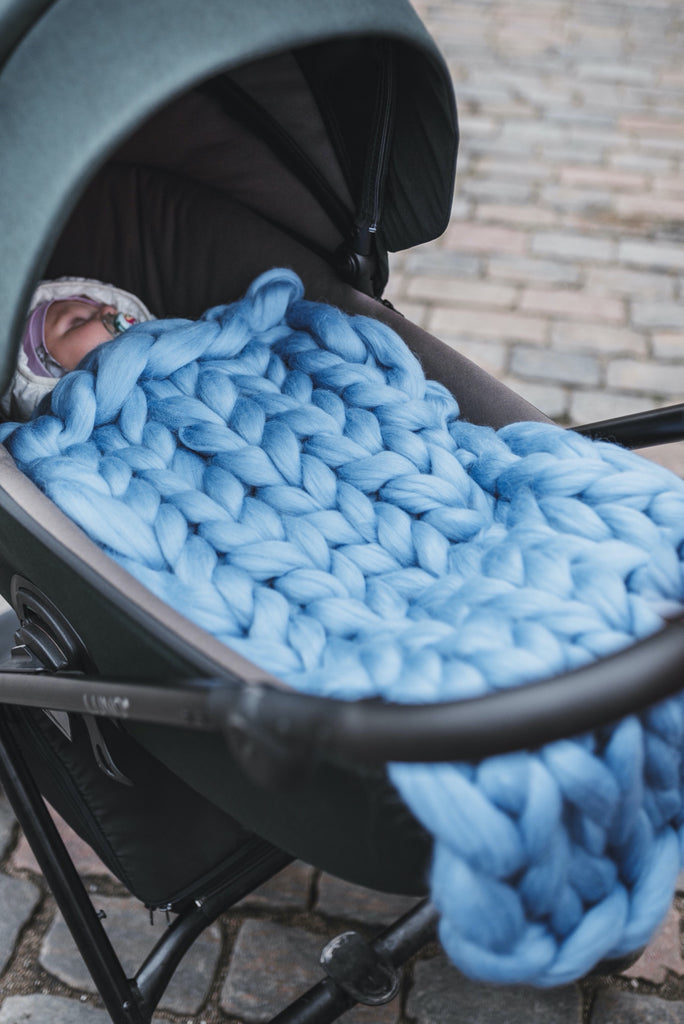 Kids Blanket Merino Baby Blanket Stroller Blanket Organic Chunky Knit Blanket 40x80 Sky Blue