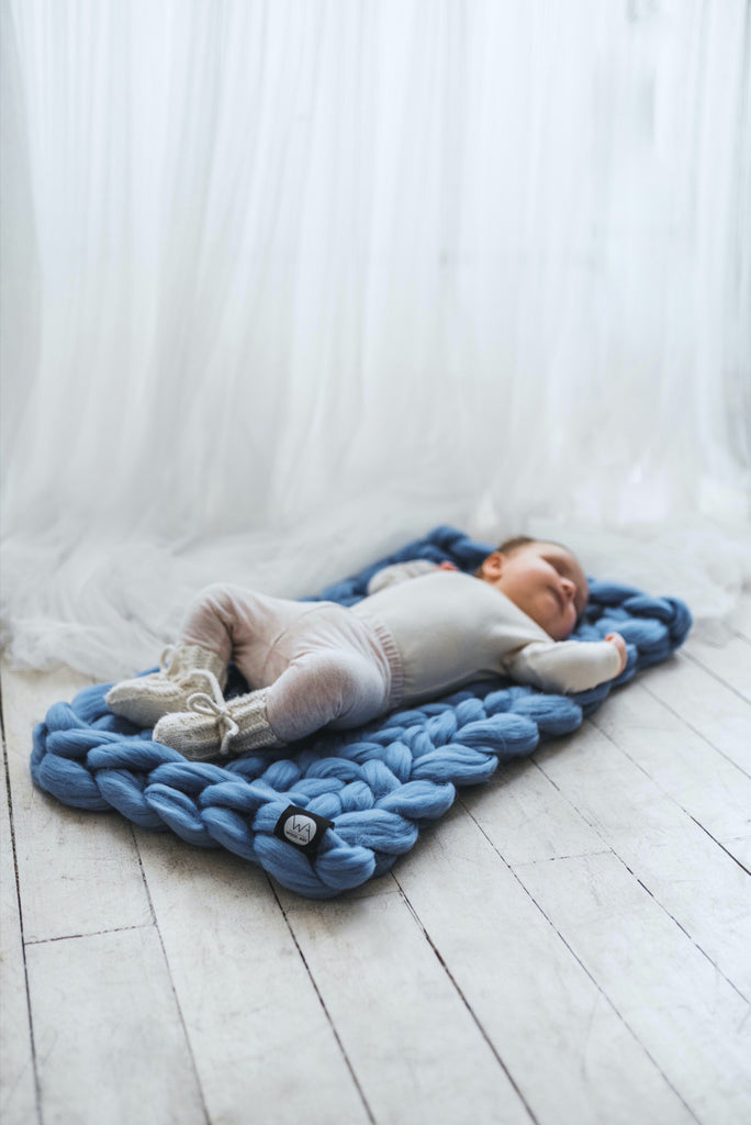 Kids Blanket Merino Organic Blanket Natural Blanket Baby Chunky Knit Blanket 40x80 Sky Blue