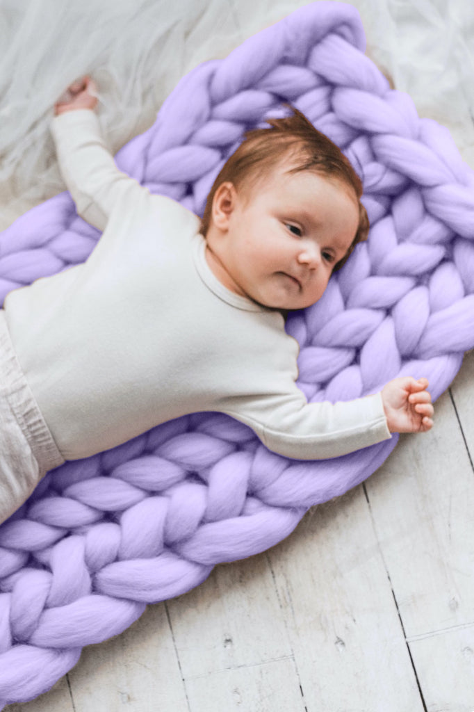 Kids Blanket Merino Wool Baby Blanket Organic Chunky Knit Blanket 40x80 Lavender 742