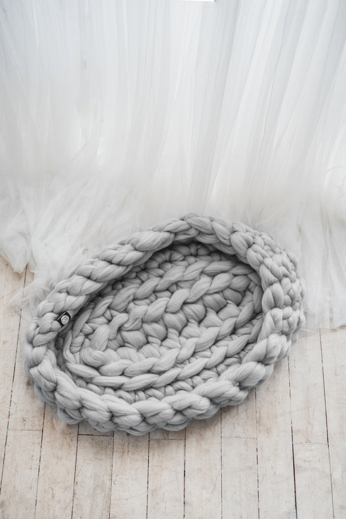 Knitted Baby Basket Merino Wool Baby Nest Grey