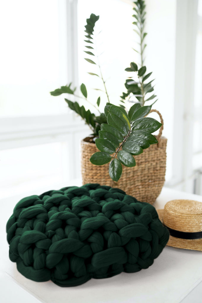 Knitted Decorative Pillow Merino Wool Throw Pillow Seed Stitch Forest Green