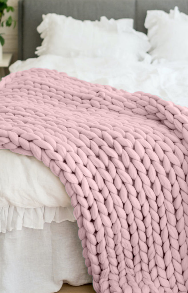 Merino Blanket Chunky Knit Bed Blanket King Dusty Pink 1