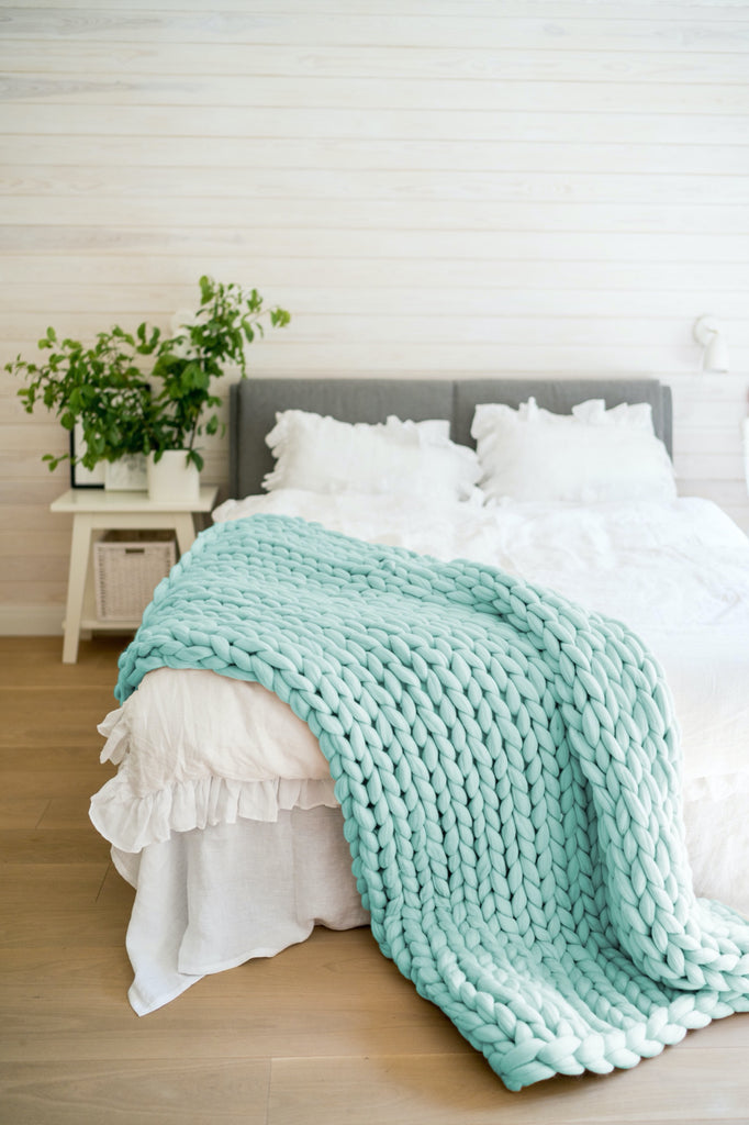Merino Blanket Chunky Knit Bed Blanket King Mint 250x230