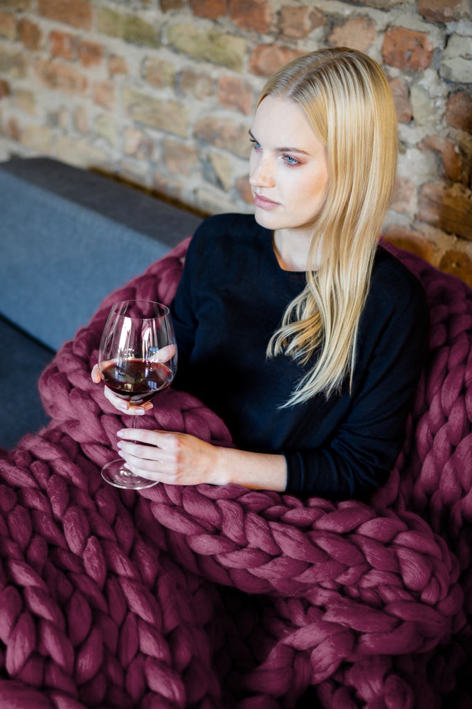 Merino Blanket Chunky Knit Bed Blanket Throw Blanket Merino Wool Wine Red 130x170