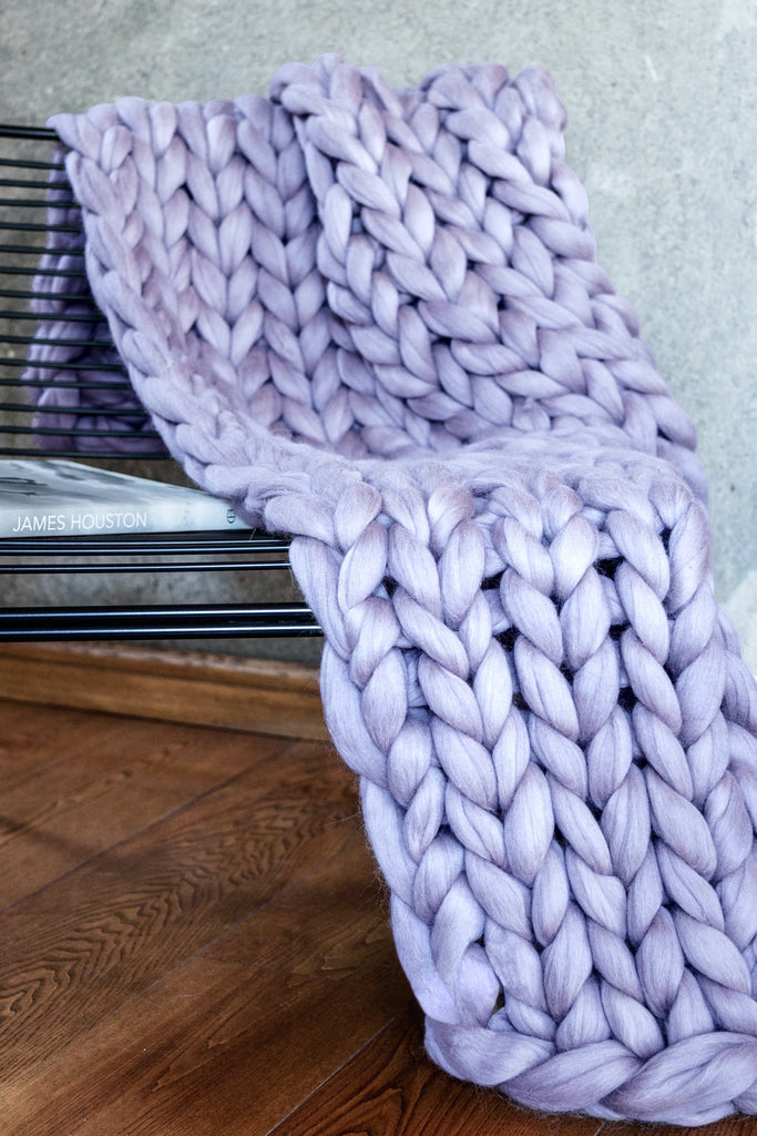 Merino Blanket Chunky Knit Blanket Rustic Decor Lavender 90x130