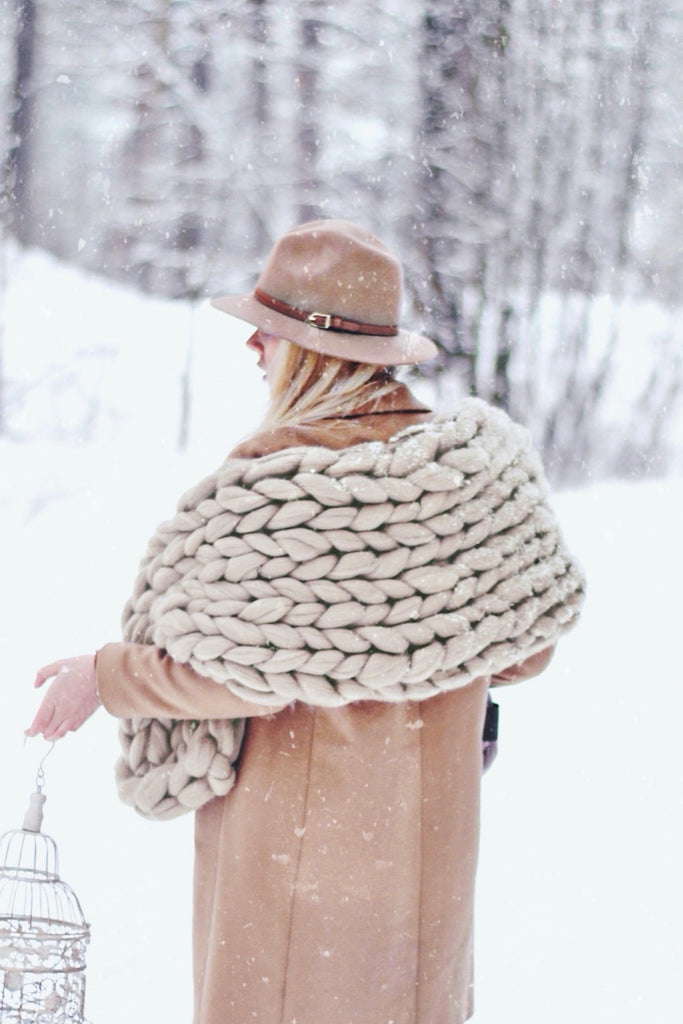 Merino Blanket Chunky Knit Blanket Scarf Oversized Scarf Beige 40x120