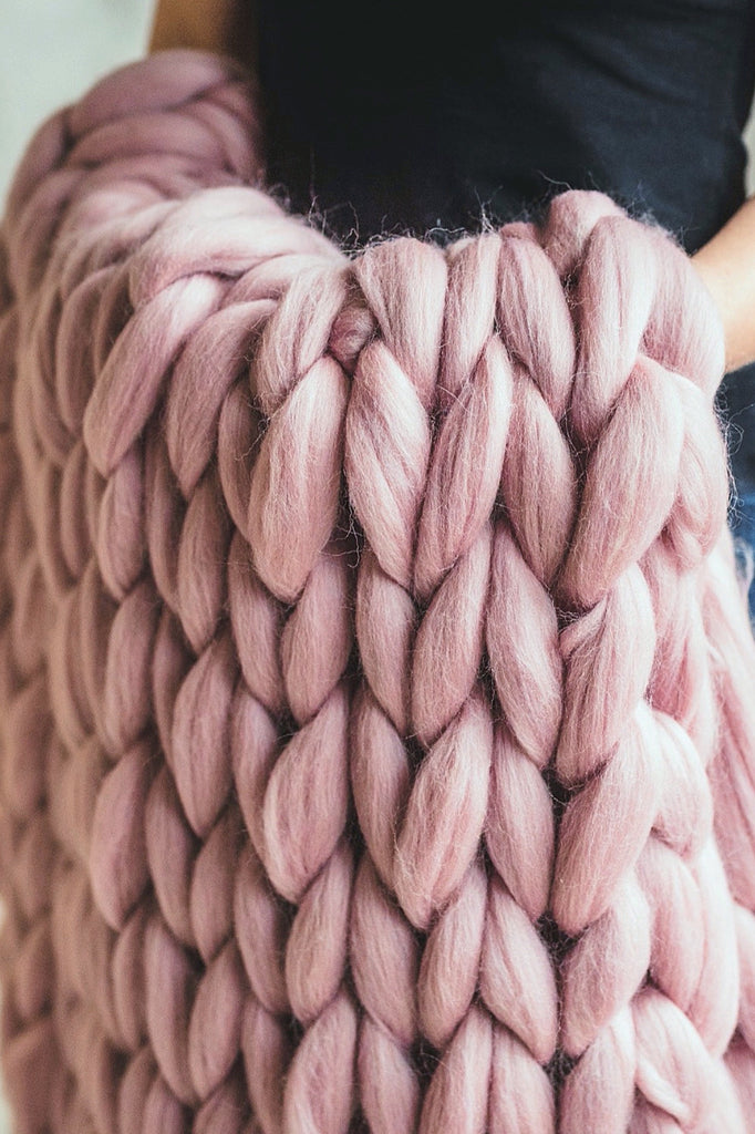 Chunky Knit Blanket Merino Wool Hand Made Throw- Hot Pink 100cm x 100cm