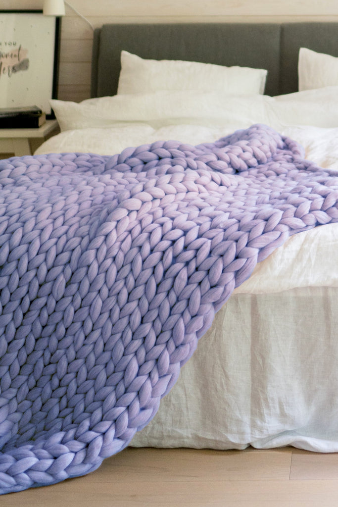 Merino Blanket Chunky Knit Merino Wool Blanket Bed Throw Lavender 150x200
