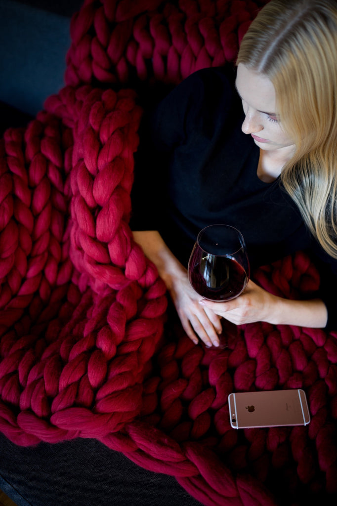 Merino Blanket Chunky Knit Merino Wool Large Bed Blanket Red 250x230