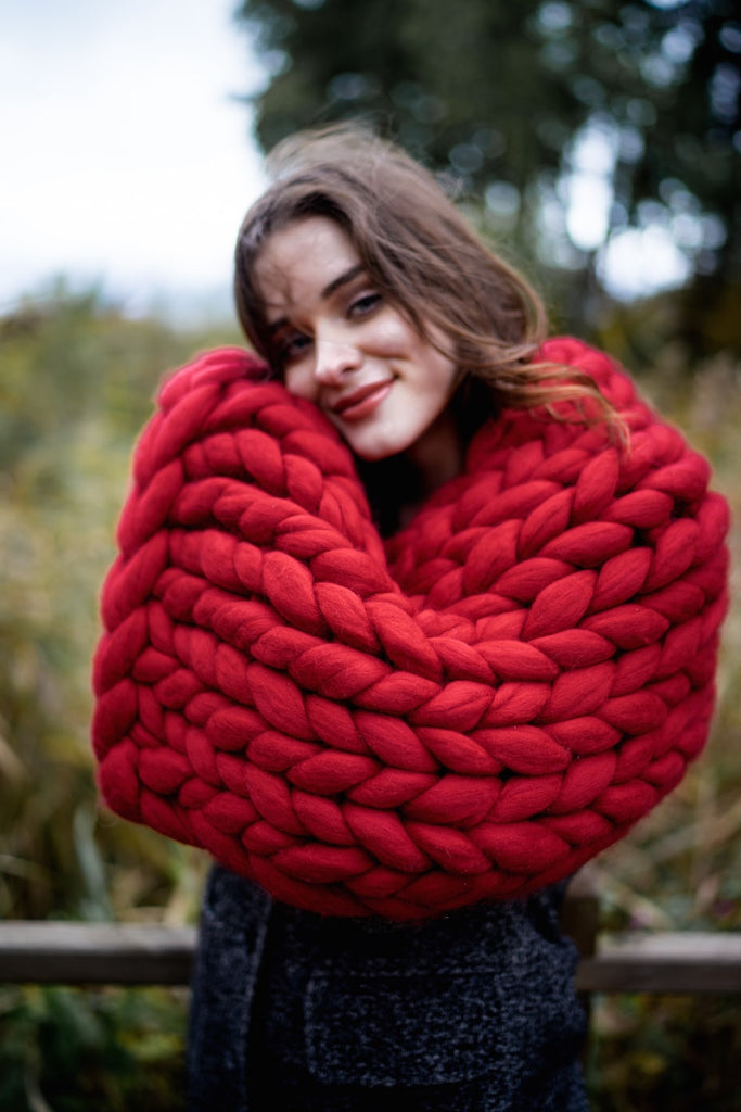 Merino Blanket Chunky Knit Scarf Super Large Blanket Red 40x120