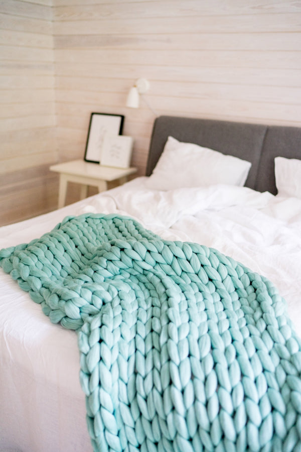 Merino Blanket Chunky Knit Throw Giant Blanket Mint