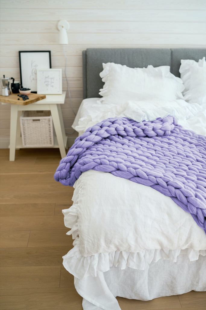 Merino Blanket Knitted Bed Runner Throw Blanket Lavender 60x240