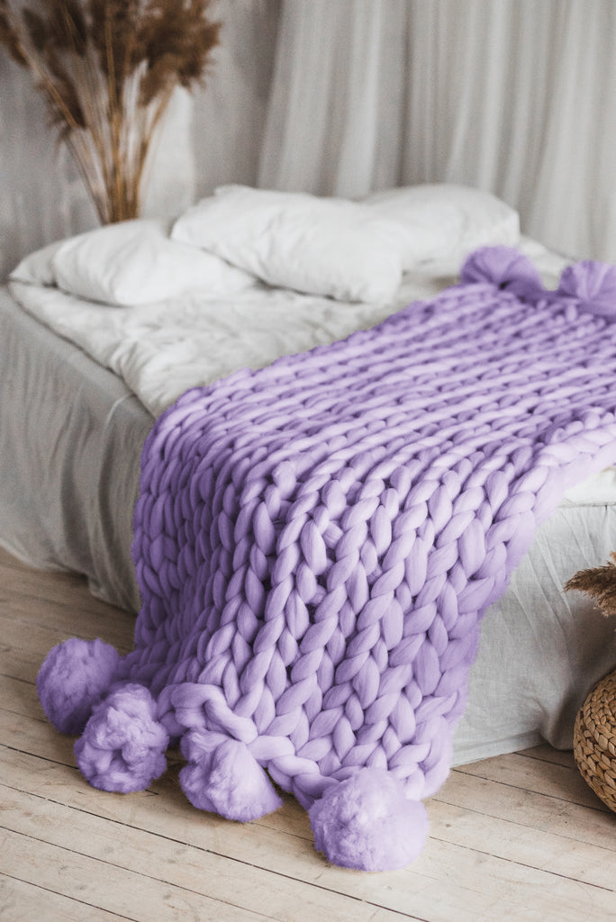 Merino Blanket Merino Wool Pom Pom Chunky Knit Blanket Pom Pom Blanket Lavender