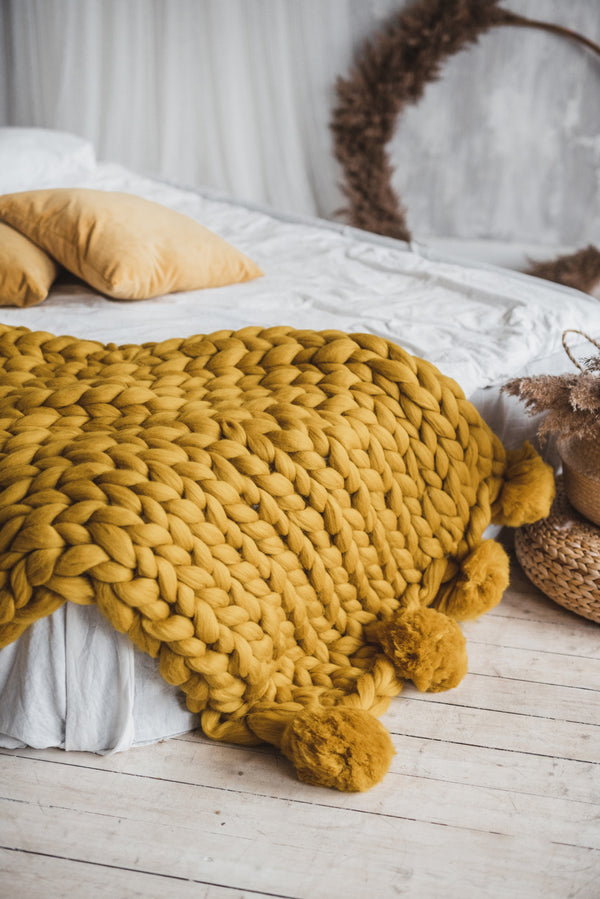 Merino Blanket Organic Blanket Wool Blanket Pom Pom Chunky Knit Blanket Pom Pom Blanket Mustard Yellow