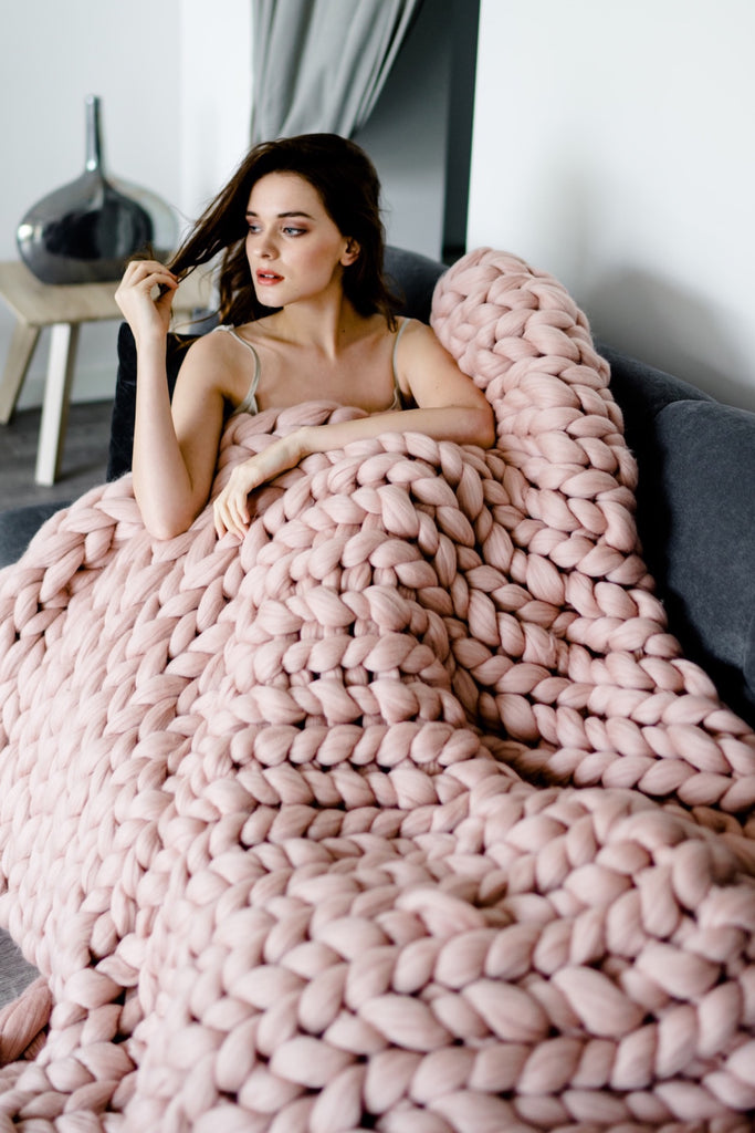Merino Blanket Oversized Throw Blanket Chunky Knit Blanket Dusty Pink 220x220