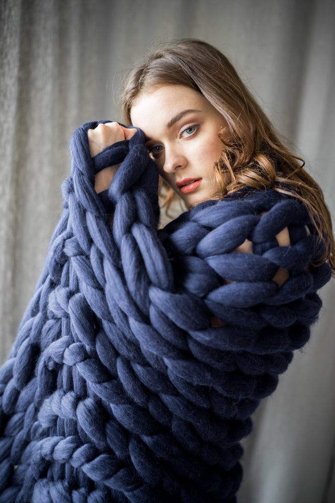 Merino Blanket Super Chunky Knit Blanket Navy Blue 90x130