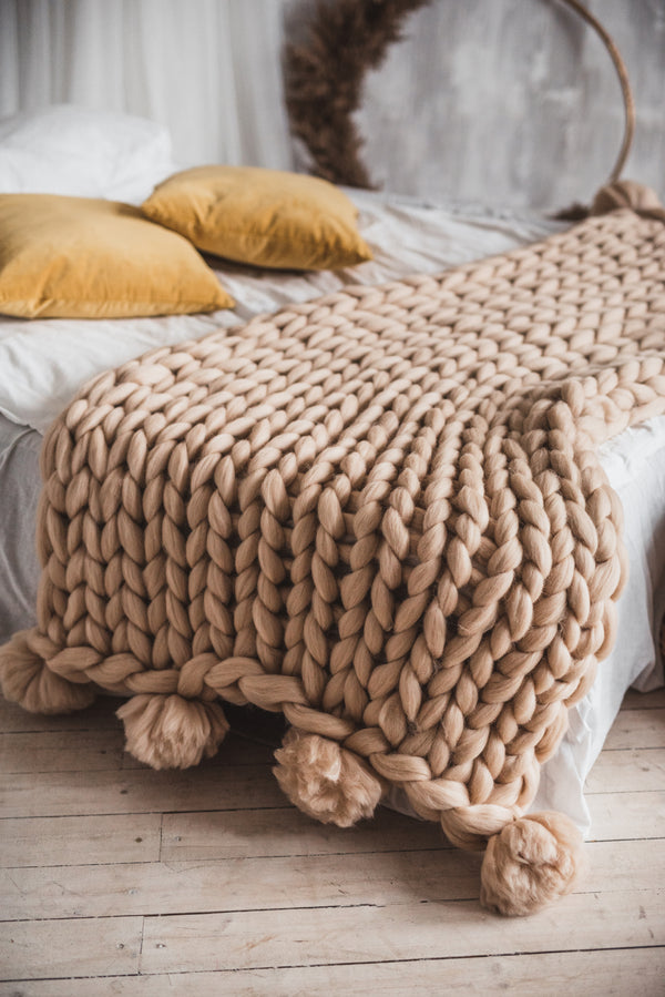 Merino Blanket Wool Blanket Chunky Knit Throw Pom Pom Chunky Knit Blanket Pom Pom Blanket Beige