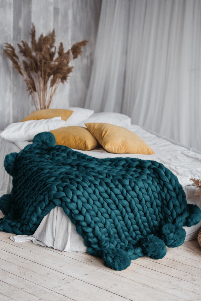 Knitted Blanket Navy Pom Pom Throw Blanket Pom Pom Blanket Wool Art